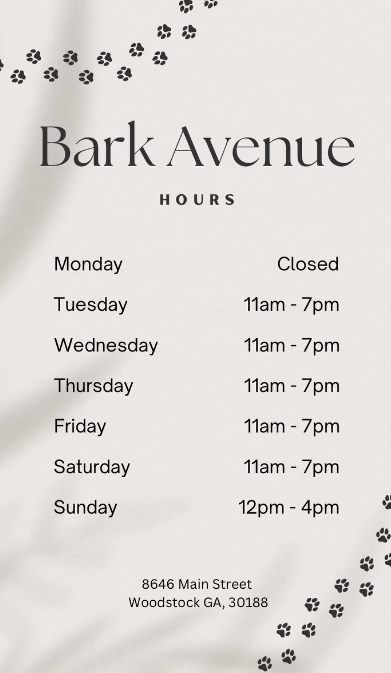 Bark Avenue Boutique store hours — Monday closed, Tuesday–Saturday 11am–7pm, Sunday 12pm–4pm, 8646 Main Street, Woodstock GA 30188